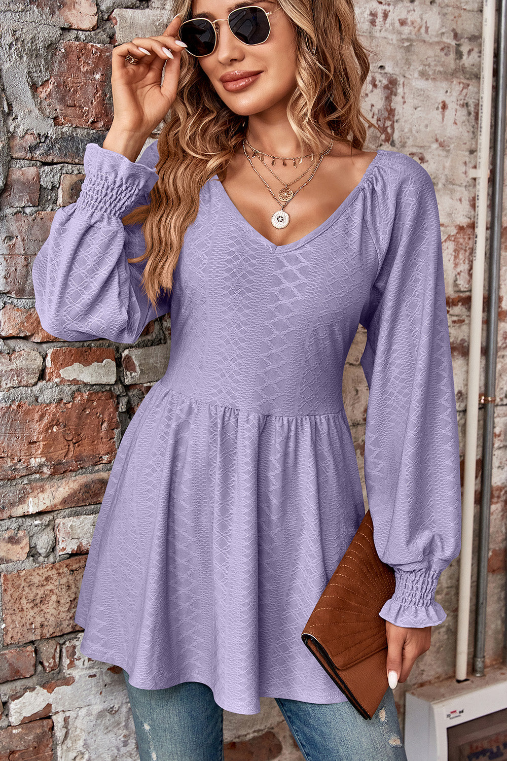 Peplum V-Neck Long Sleeve Blouse