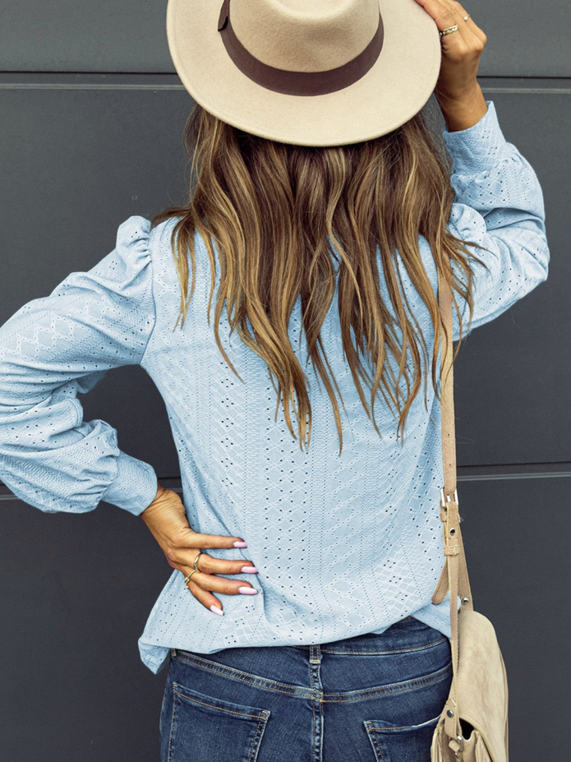 Eyelet V-Neck Long Sleeve Blouse