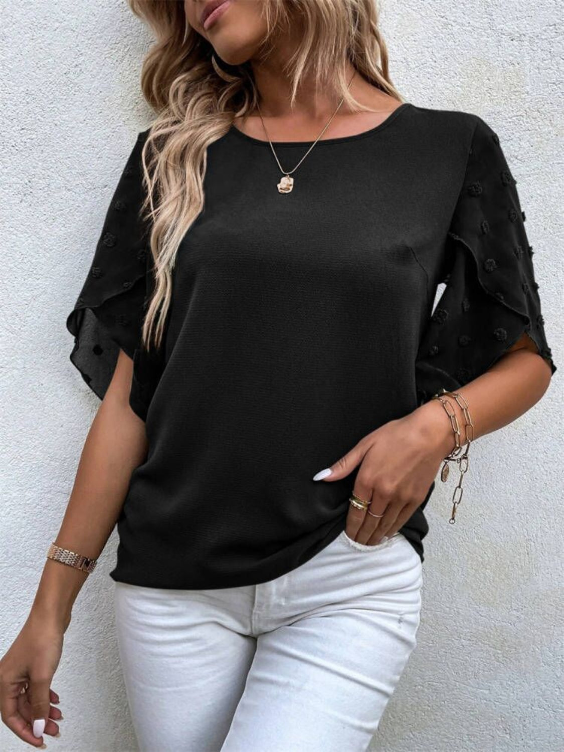 Swiss Dot Round Neck Half Sleeve Blouse