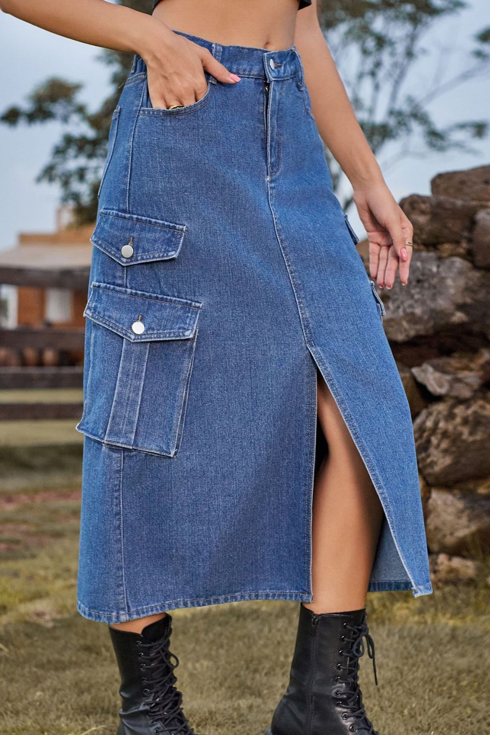 Slit Front Midi Denim Skirt with Pockets