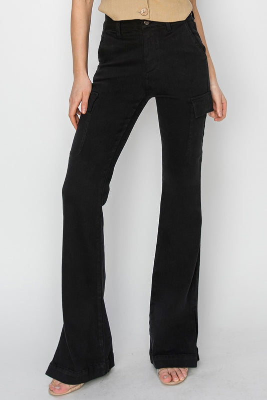 Risen Full Size High Rise Side Slit Cargo Bootcut Jeans