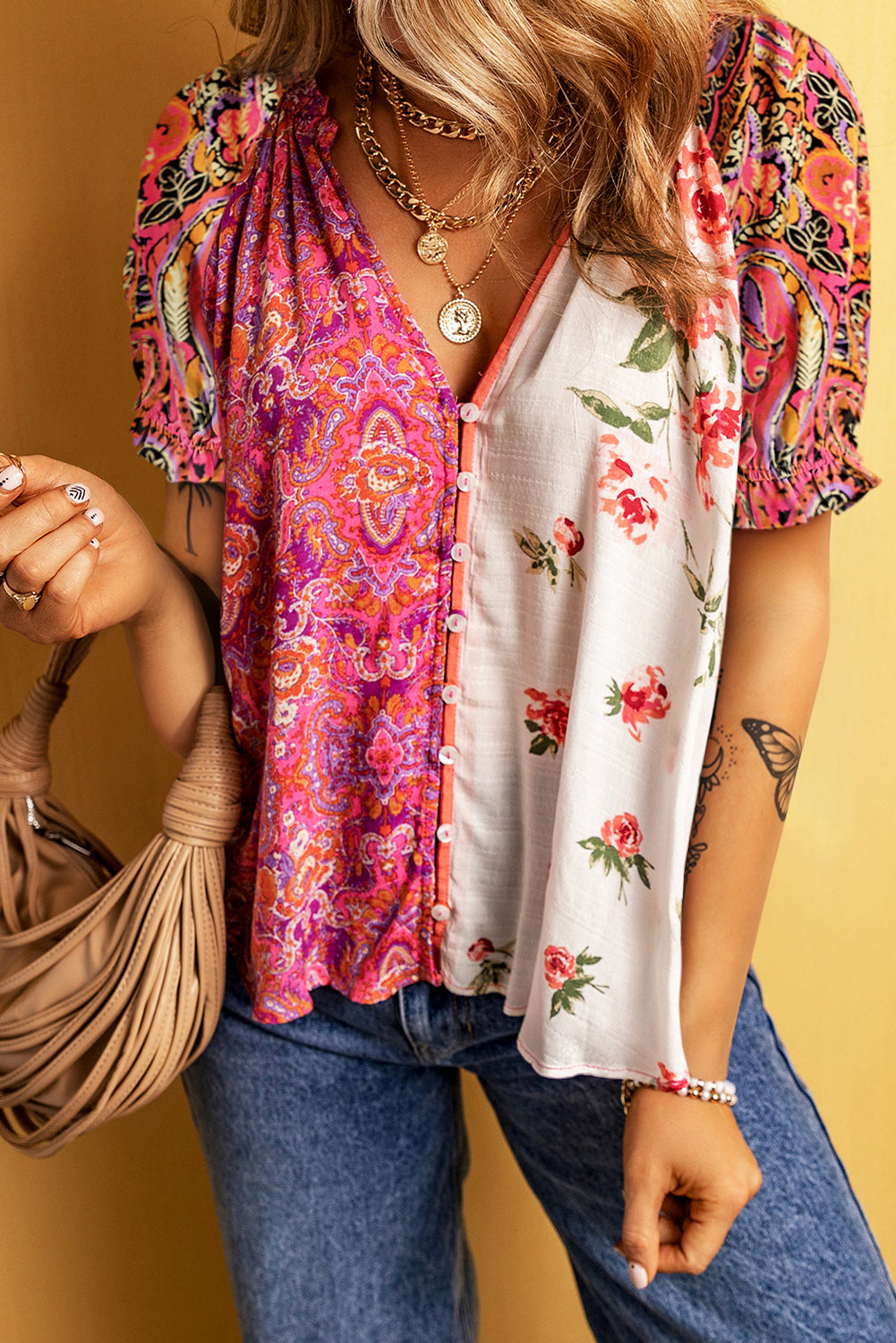 Printed V-Neck Short Sleeve Blouse