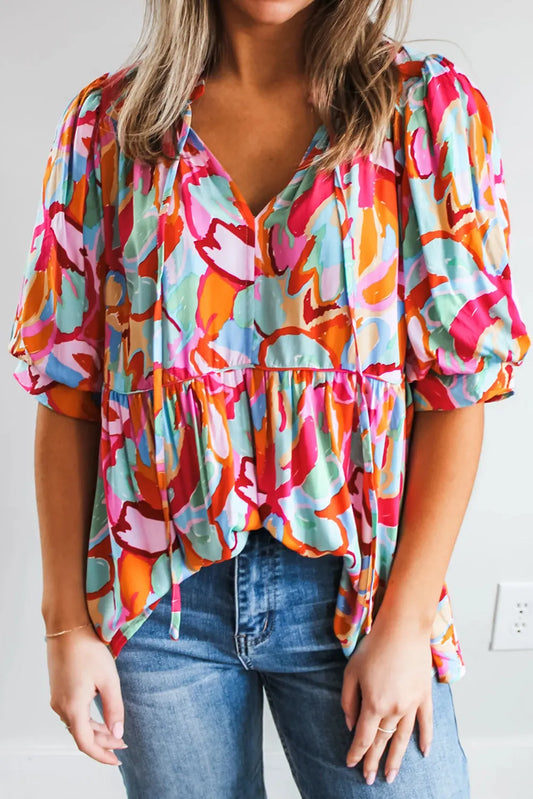 Printed Tie Neck Half Sleeve Blouse