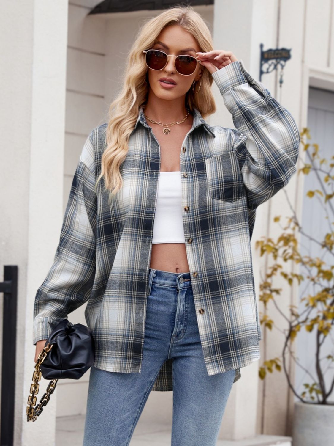 Plaid Collared Neck Long Sleeve Shirt