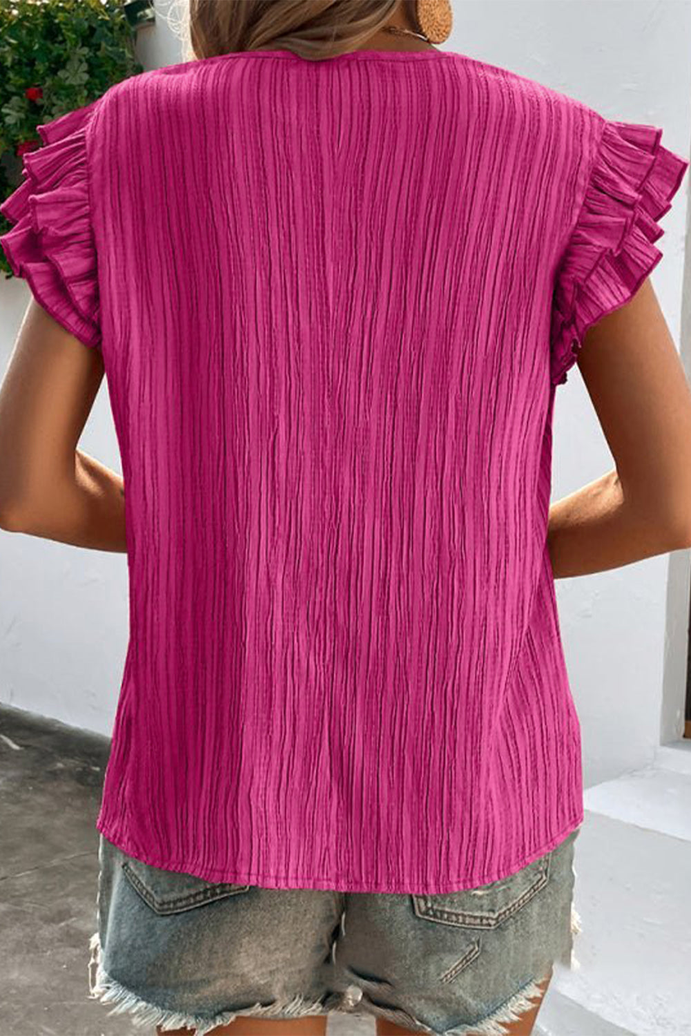 Ruffled Tie Neck Cap Sleeve Blouse