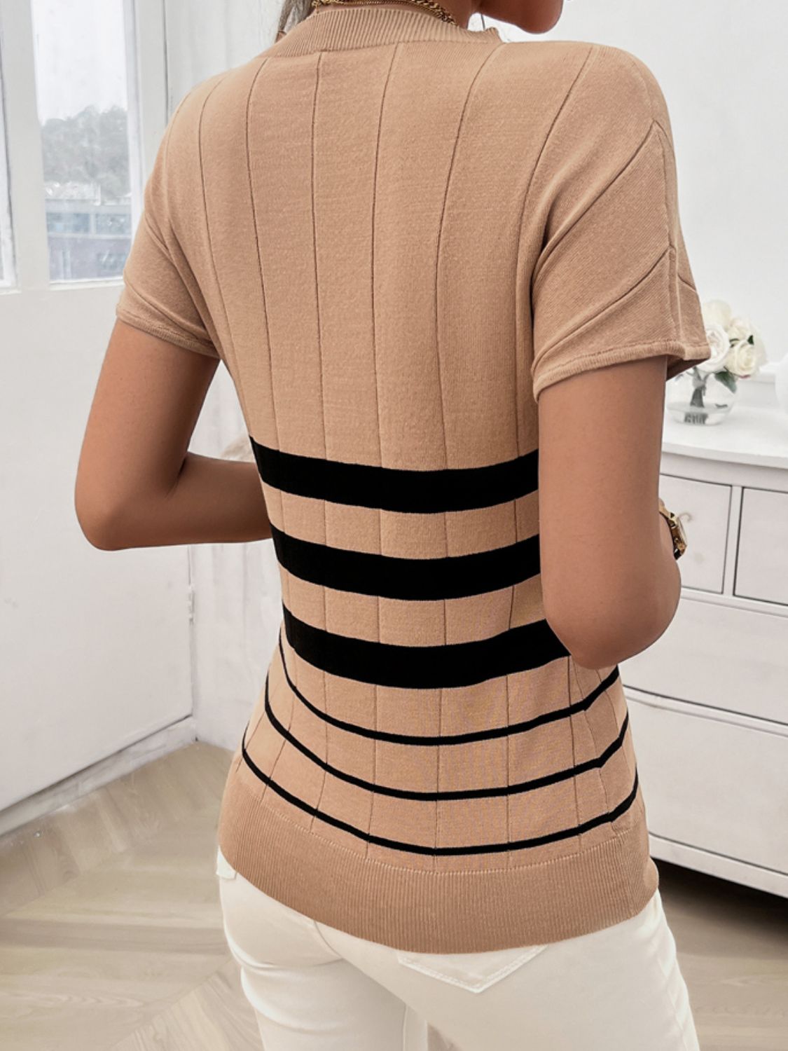 Striped Round Neck Short Sleeve Knit Top